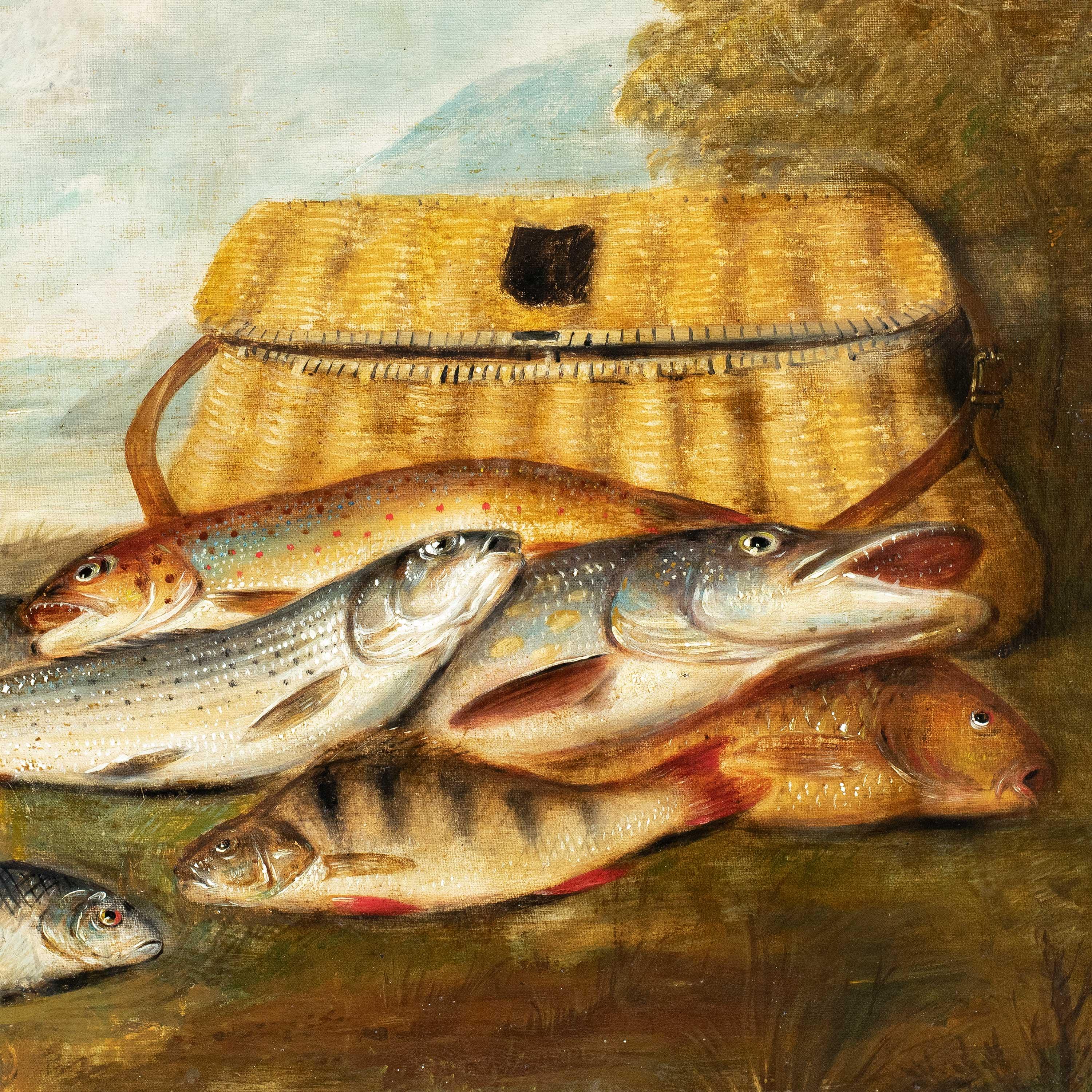 Peintre naturaliste européen - 19e siècle Nature morte - Poisson et panier - Painting de Unknown