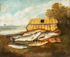 Naturalistischer europäischer Maler des 19. Jahrhunderts – Stilllebenmalerei – Fisch und Korb