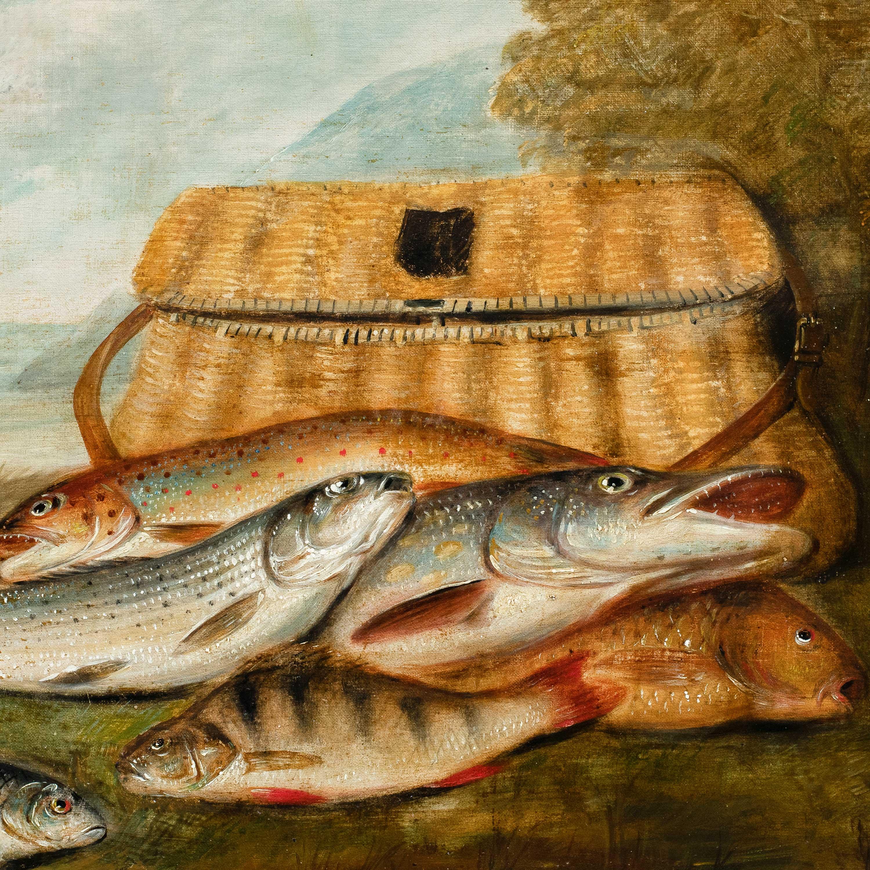 Naturalist European painter - 19th century Still life painting - Fish and basket - Painting by Unknown