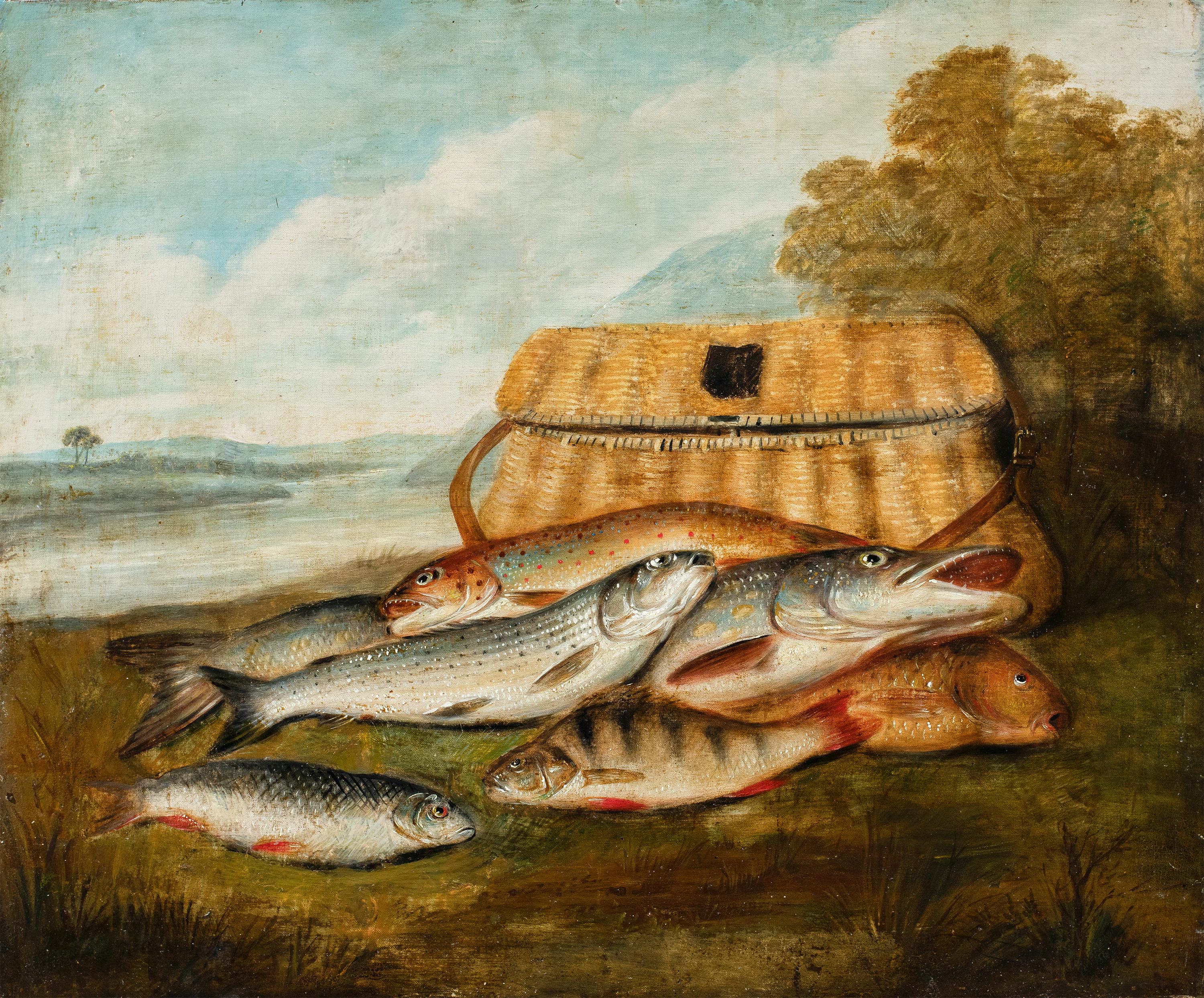Unknown Landscape Painting - Naturalist European painter - 19th century Still life painting - Fish and basket