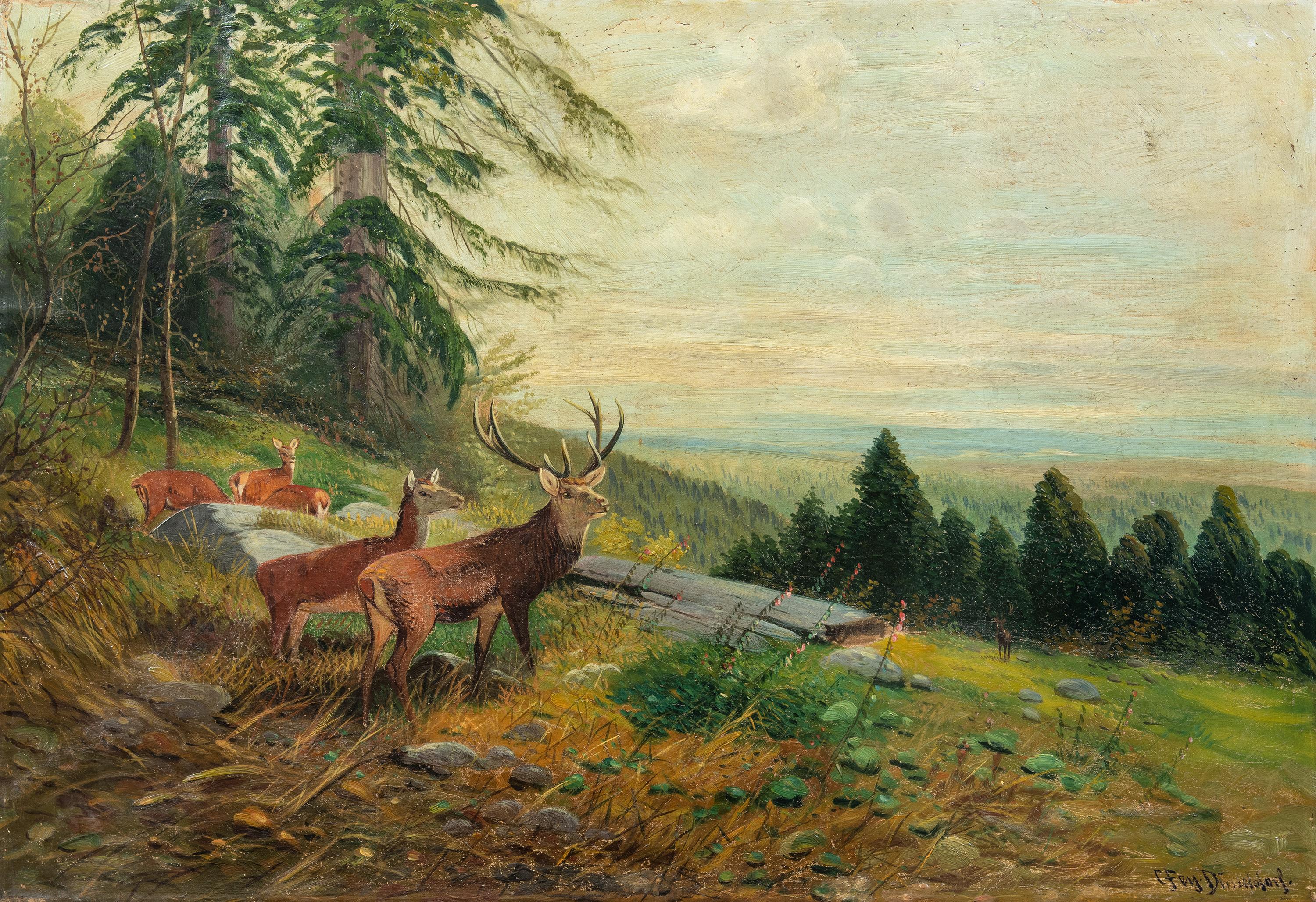Unknown Animal Painting - Naturalist painter - Late 19th century landscape painting - Deers Mountain 