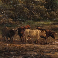 Peintre naturaliste britannique - Peinture de paysage du 19e siècle - Taureaux à la rivière