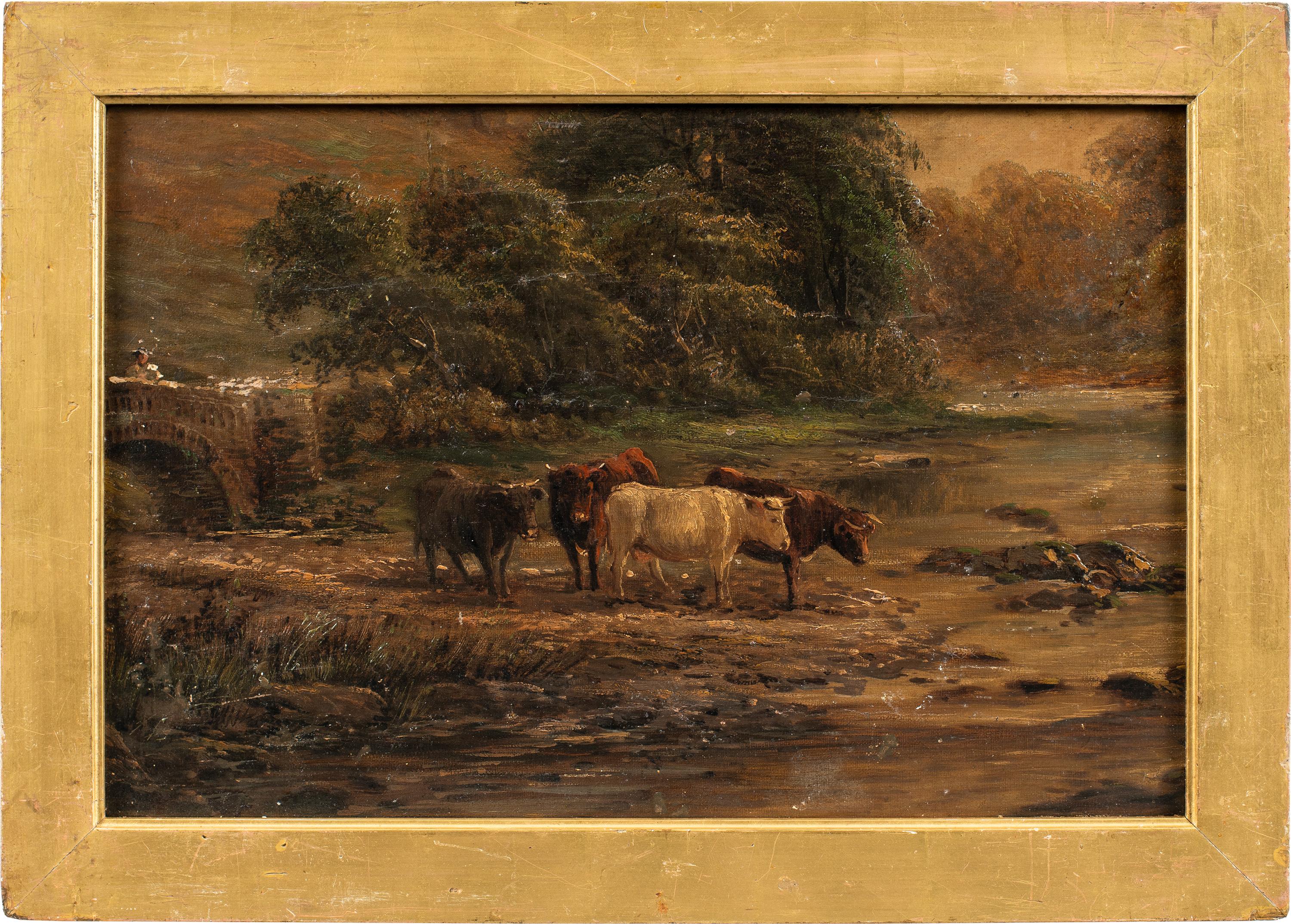 Unknown Figurative Painting - Naturalistic British painter - 19th century landscape painting - Bulls at river 