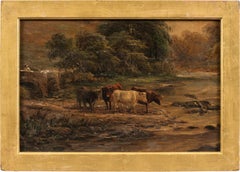 Peintre naturaliste britannique - Peinture de paysage du 19e siècle - Taureaux à la rivière 