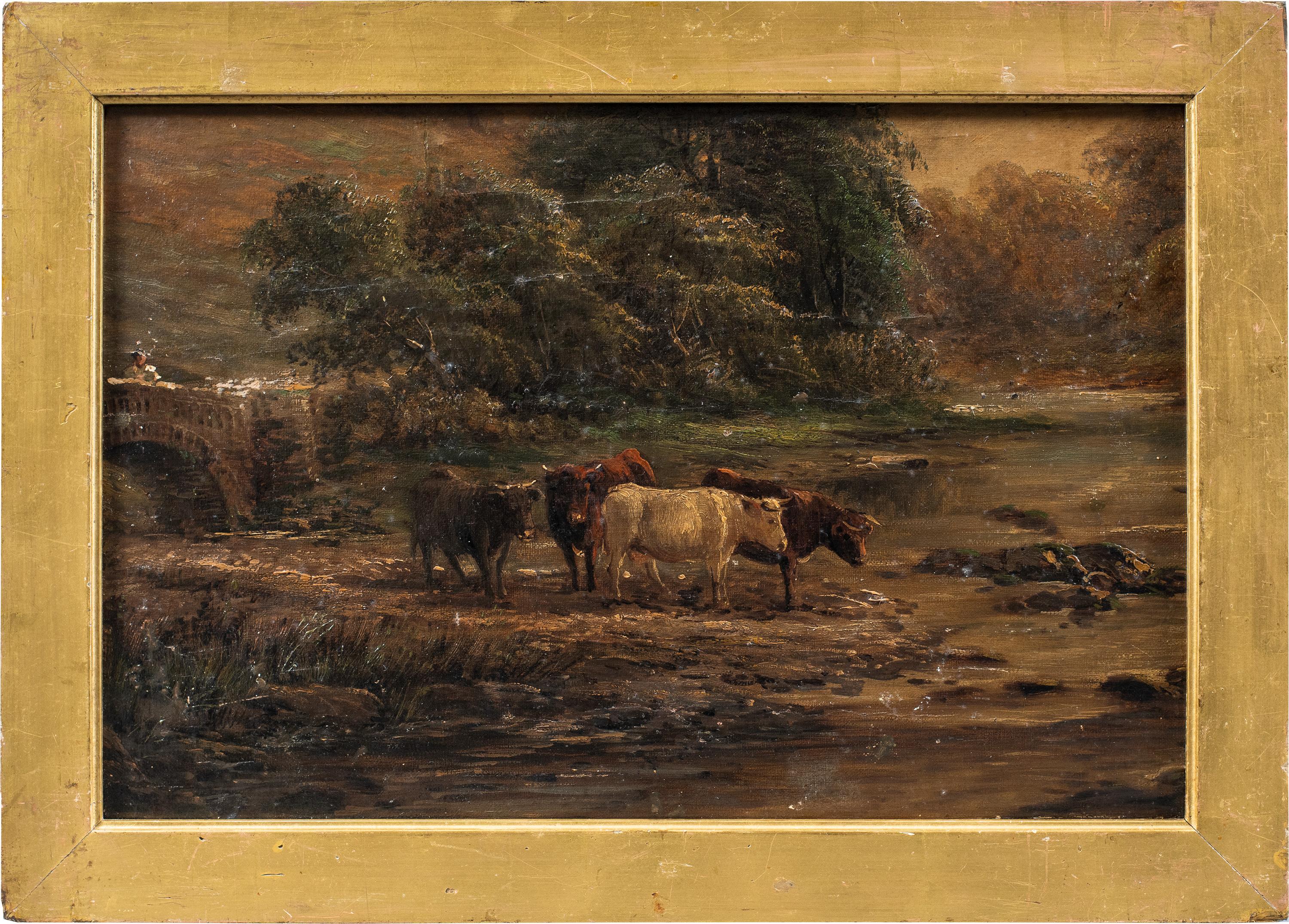 Pintor naturalista británico - Pintura paisajista del siglo XIX - Toros en el río
