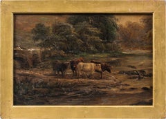 Naturalistic British painter - 19th century landscape painting - Bulls at river