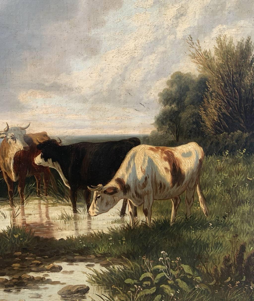 Naturalistic British painter - 19th century landscape painting - Cows at lake For Sale 6