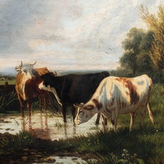 European 19th century animalist landscape oil painting - Cattle at Ford