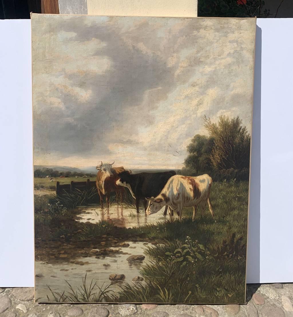 European painter (late 19th century) - Landscape with grazing cows.

101 x 76 cm.

Old oil painting on canvas, without frame.

- Work signed lower right.

Condition report: Lined canvas. Good state of conservation of the pictorial surface.


- This