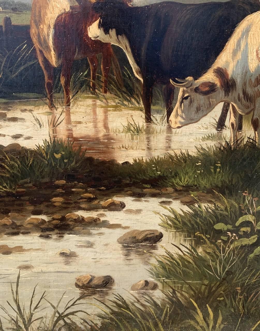 Naturalistic British painter - 19th century landscape painting - Cows at lake For Sale 1