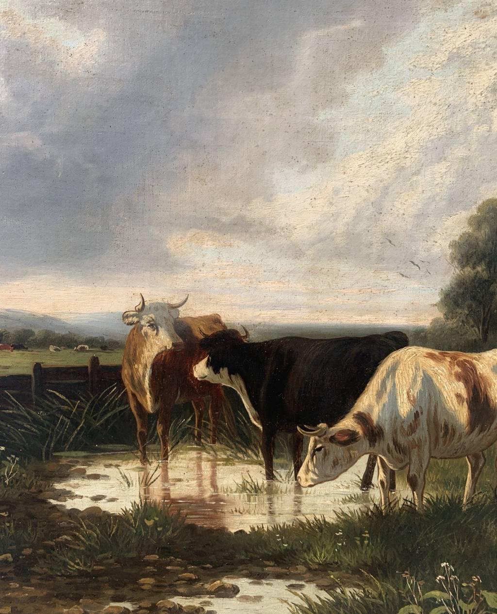 Naturalistic British painter - 19th century landscape painting - Cows at lake For Sale 2