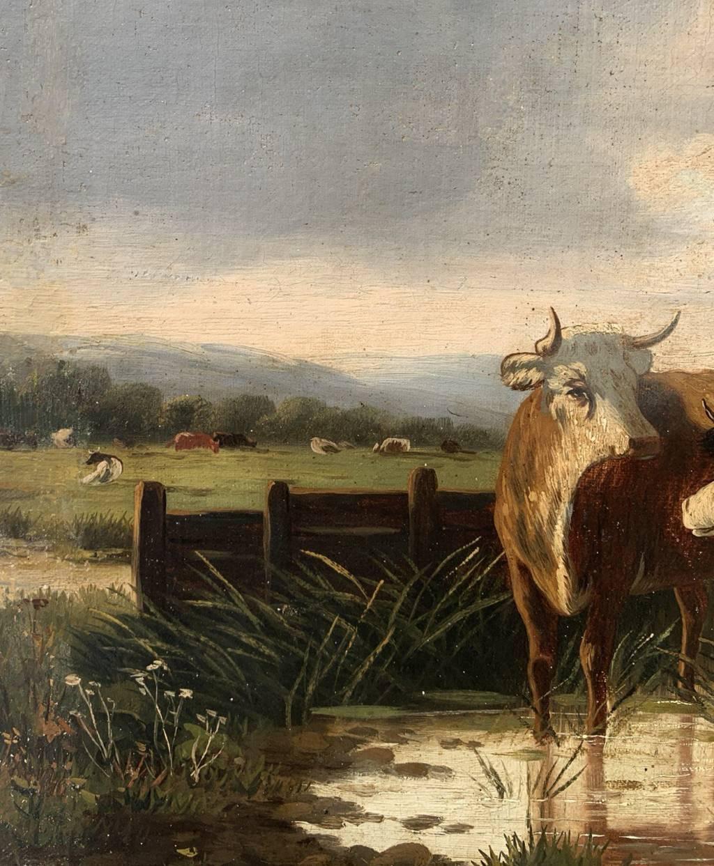 Naturalistic British painter - 19th century landscape painting - Cows at lake For Sale 4