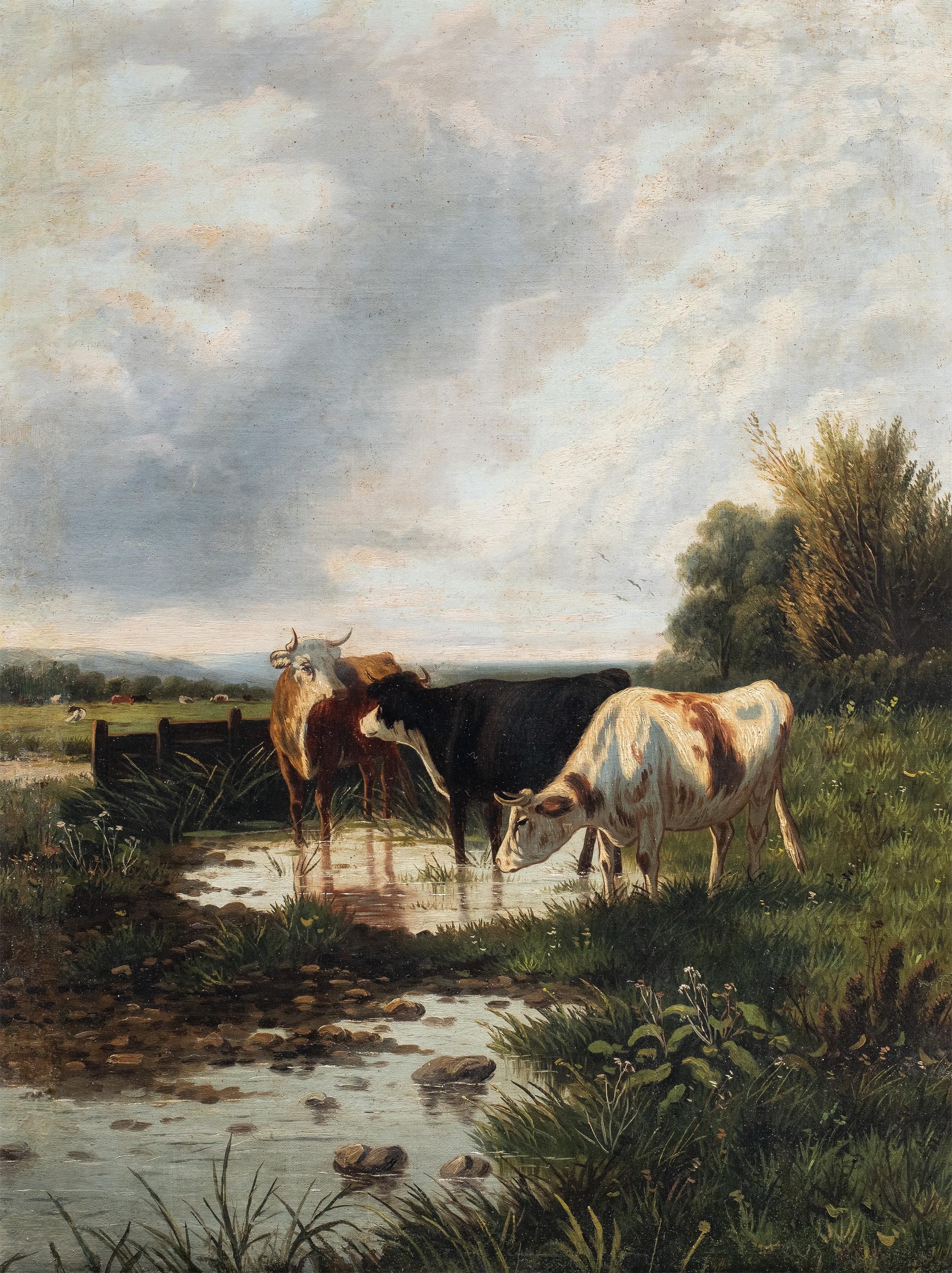 Pintor naturalista británico - Pintura paisajista del siglo XIX - Vacas en el lago