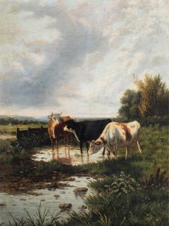 Pintor naturalista británico - Pintura paisajista del siglo XIX - Vacas en el lago
