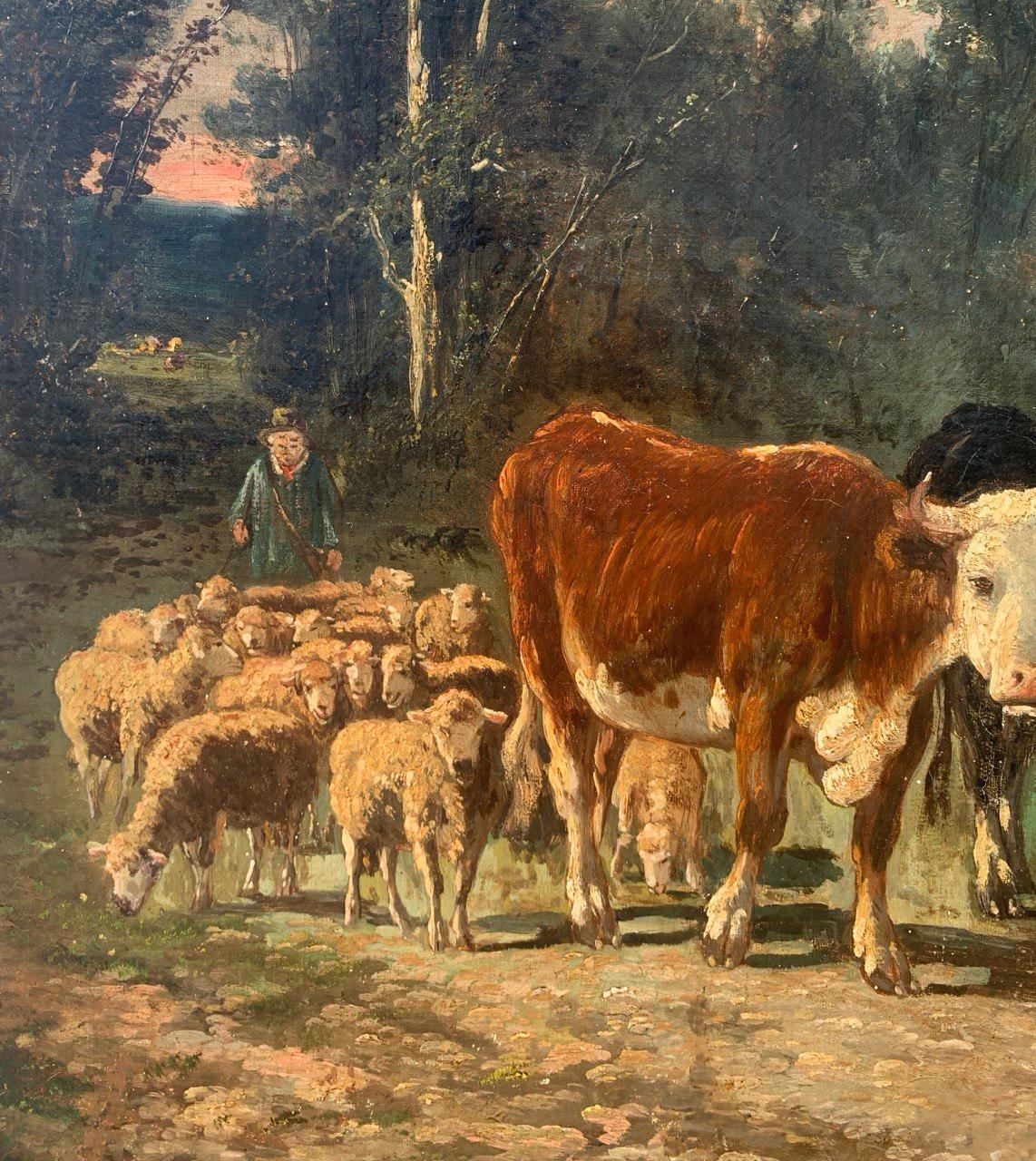 Naturalistic British painter - 19th century landscape painting - Cows walking For Sale 6