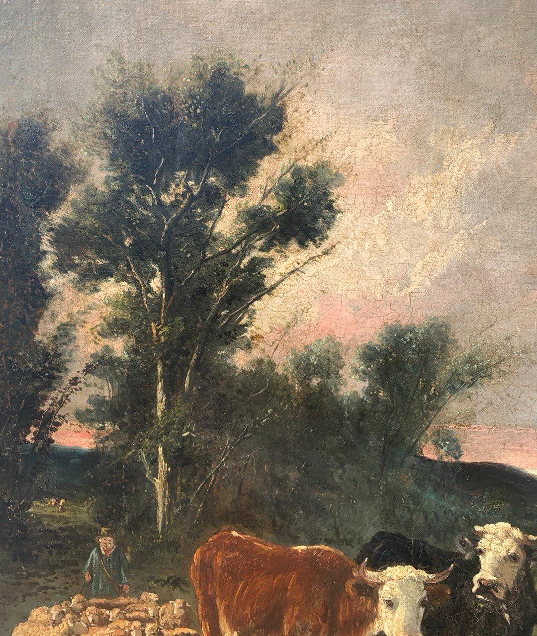 Naturalistic British painter - 19th century landscape painting - Cows walking For Sale 7