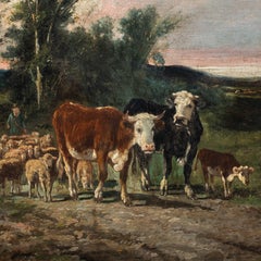 European 19th century animalist oil painting - Cattle Flock at Sunset