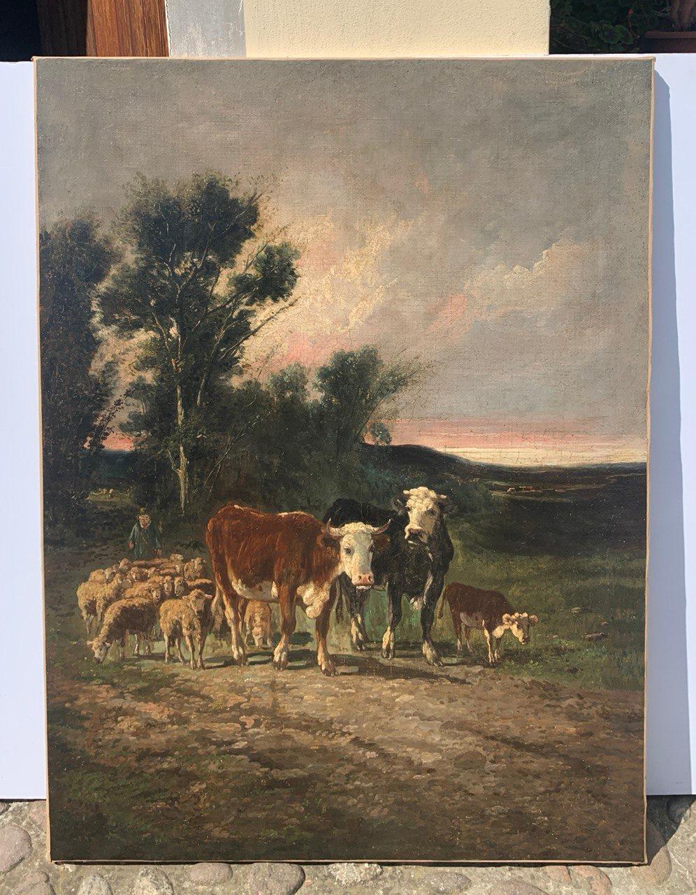 European painter (late 19th century) - Landscape with cows and flock of sheep.

101 x 76 cm.

Old oil painting on canvas, unframed.

Condition report: Lined canvas. Good state of conservation of the pictorial surface.



- This item is sold with a