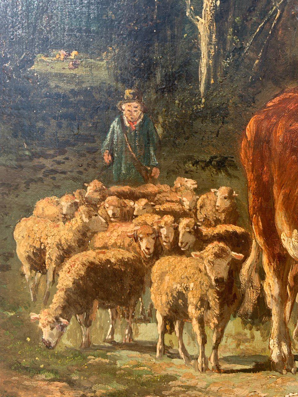 Naturalistic British painter - 19th century landscape painting - Cows walking For Sale 1