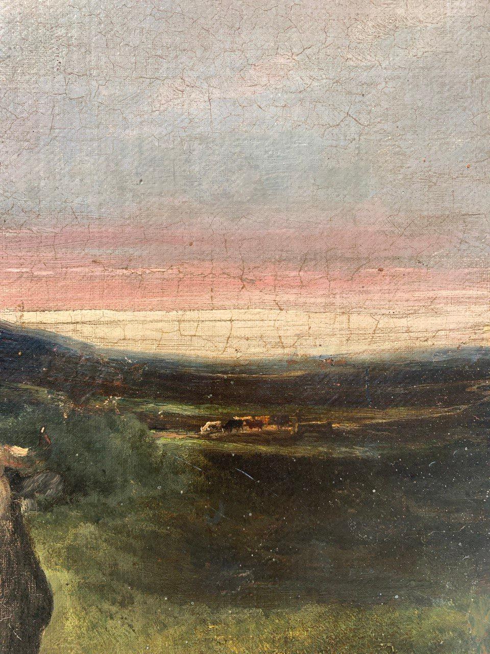 Naturalistic British painter - 19th century landscape painting - Cows walking For Sale 3