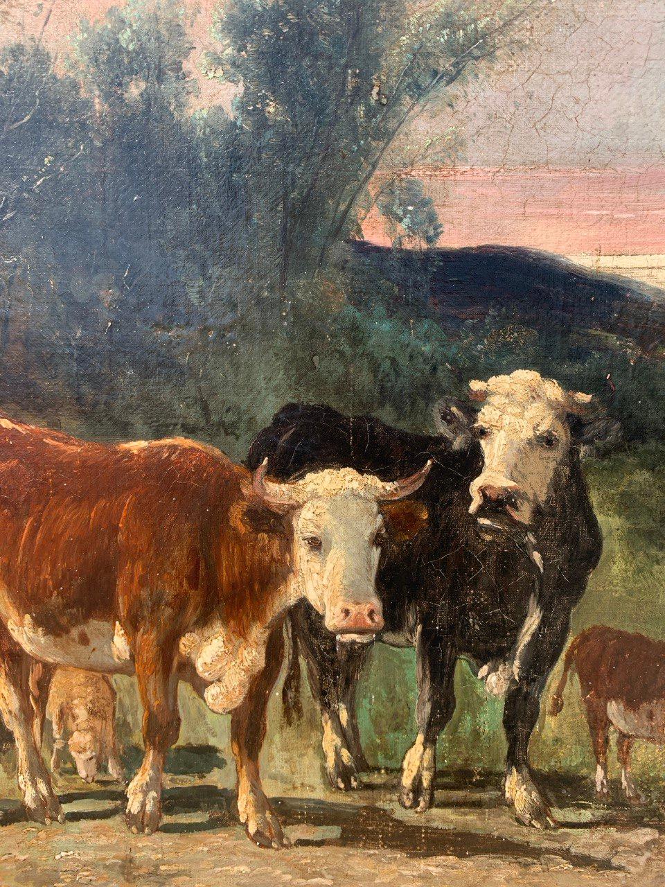 Naturalistic British painter - 19th century landscape painting - Cows walking For Sale 5