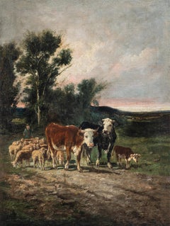 Peintre naturaliste britannique - Peinture de paysage du 19e siècle - Vaches en promenade