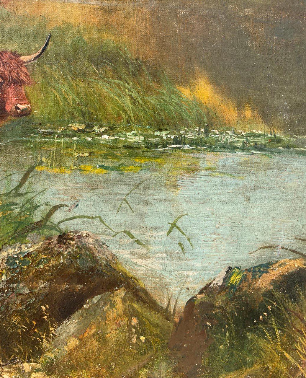 Naturalistic British painter - 19th century landscape painting - Highland cattle For Sale 6