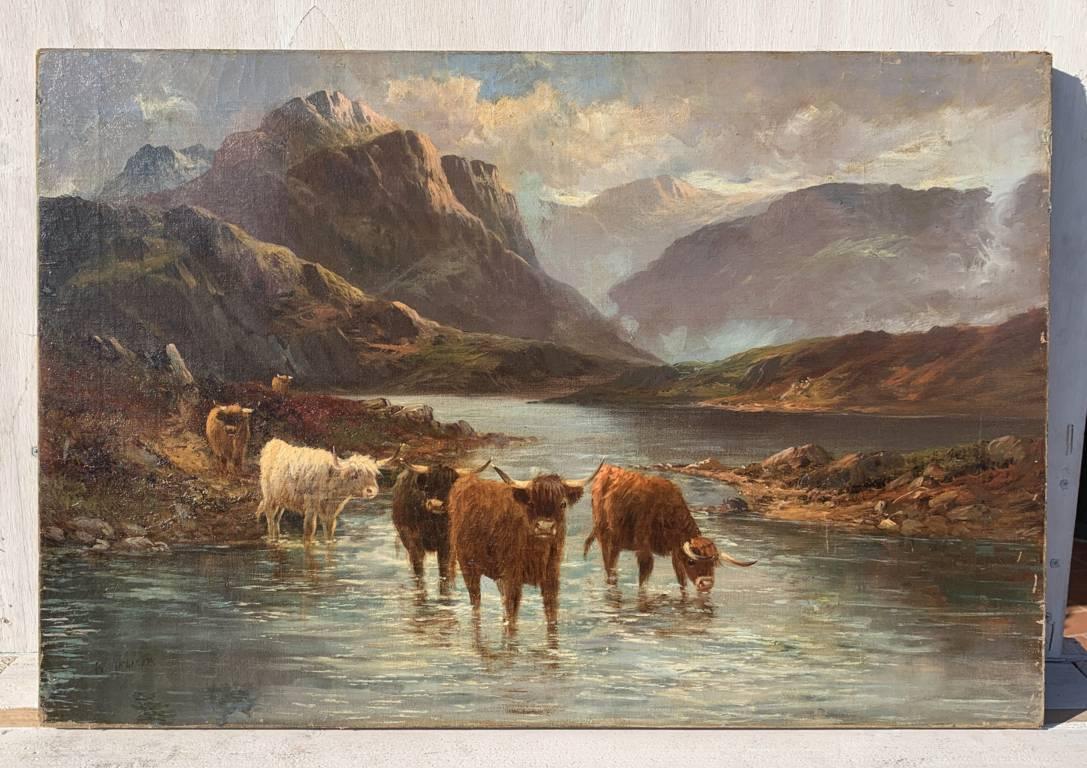 Pintor naturalista británico - Pintura paisajista del siglo XIX - Ganado de las Highlands - Painting Naturalista de Unknown