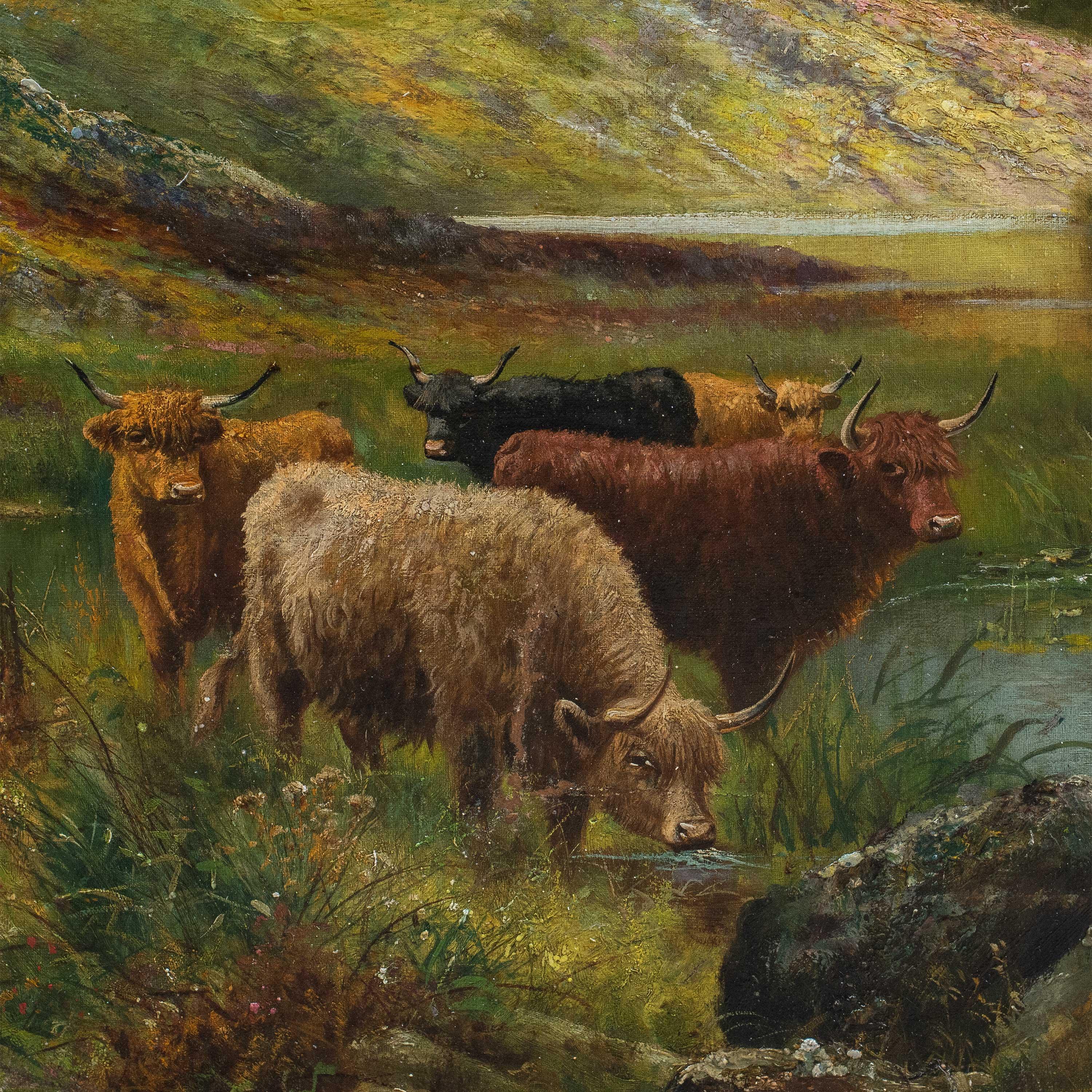 Naturalistic British painter - 19th century landscape painting - Highland cattle - Painting by Unknown