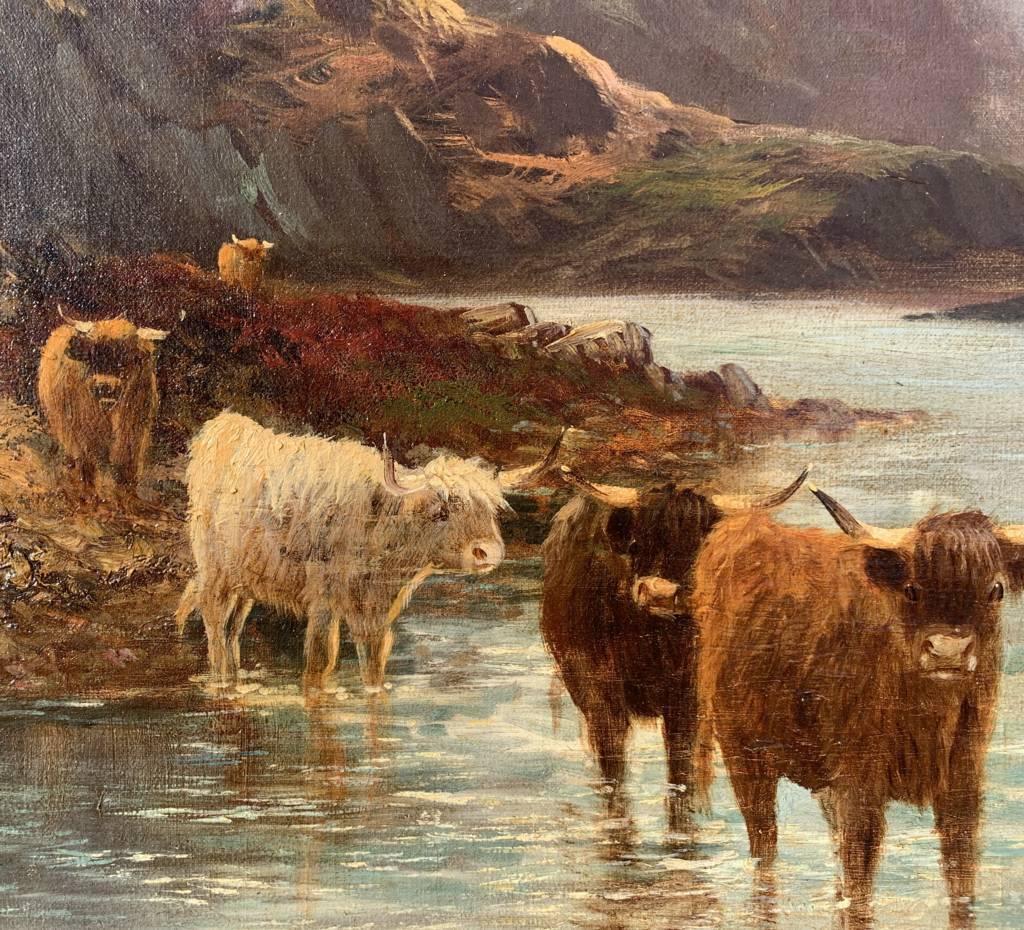 Naturalistic British painter - 19th century landscape painting - Highland Cattle For Sale 1