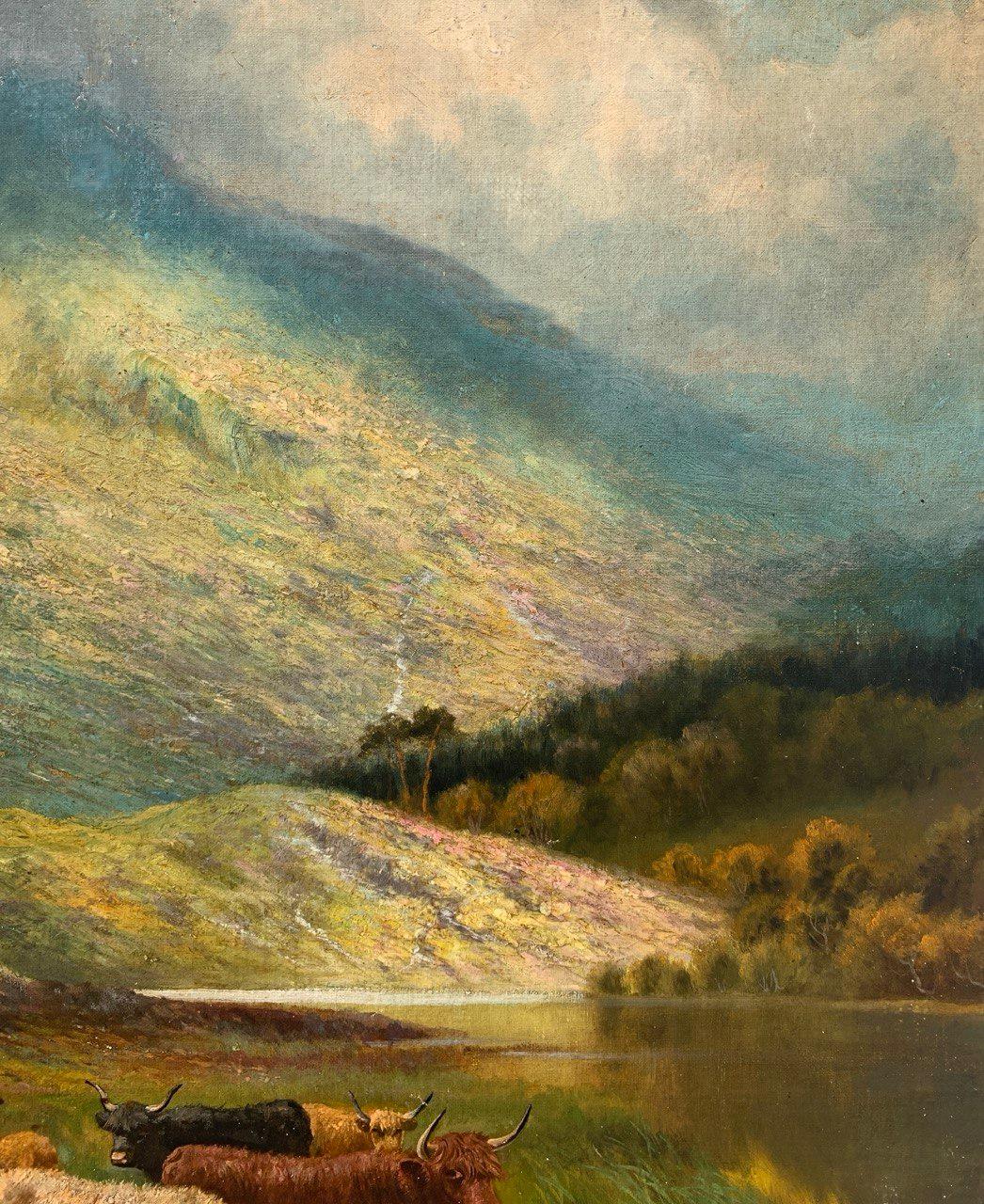 Naturalistic British painter - 19th century landscape painting - Highland cattle For Sale 1
