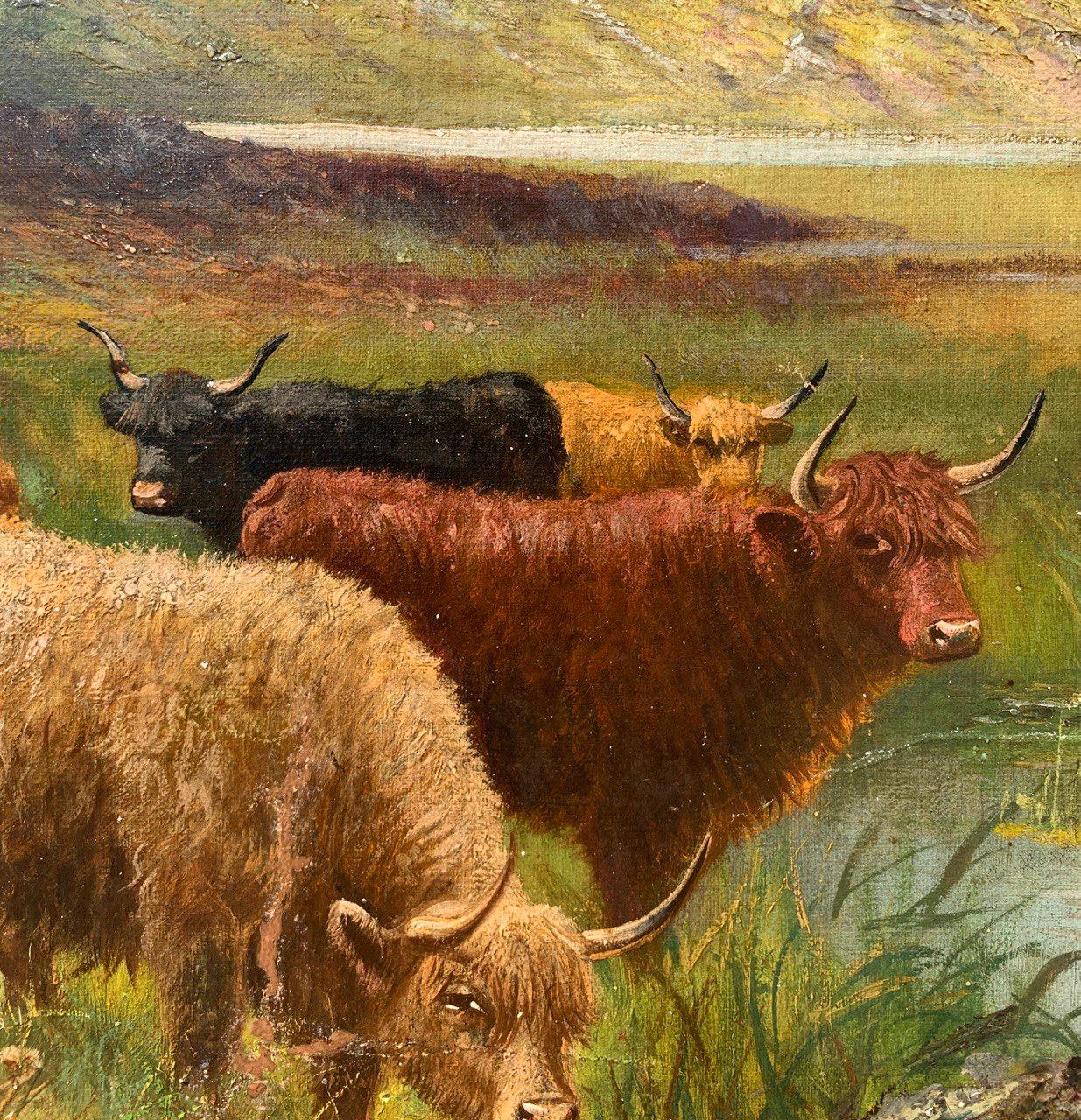 Naturalistic British painter - 19th century landscape painting - Highland cattle For Sale 2