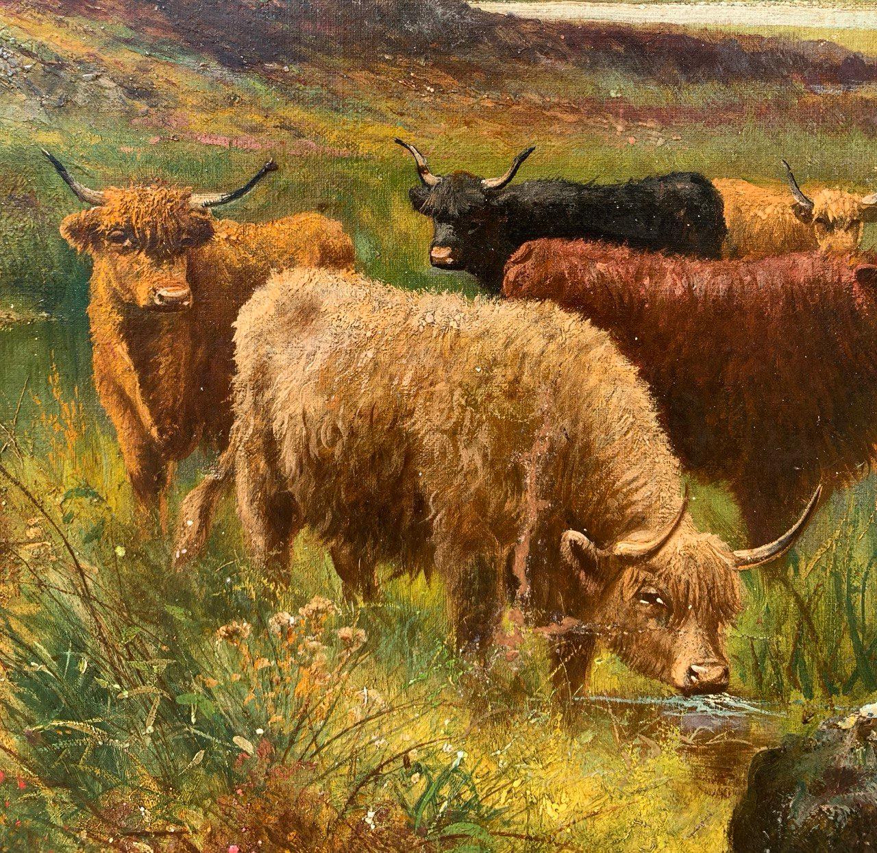 Naturalistic British painter - 19th century landscape painting - Highland cattle For Sale 4