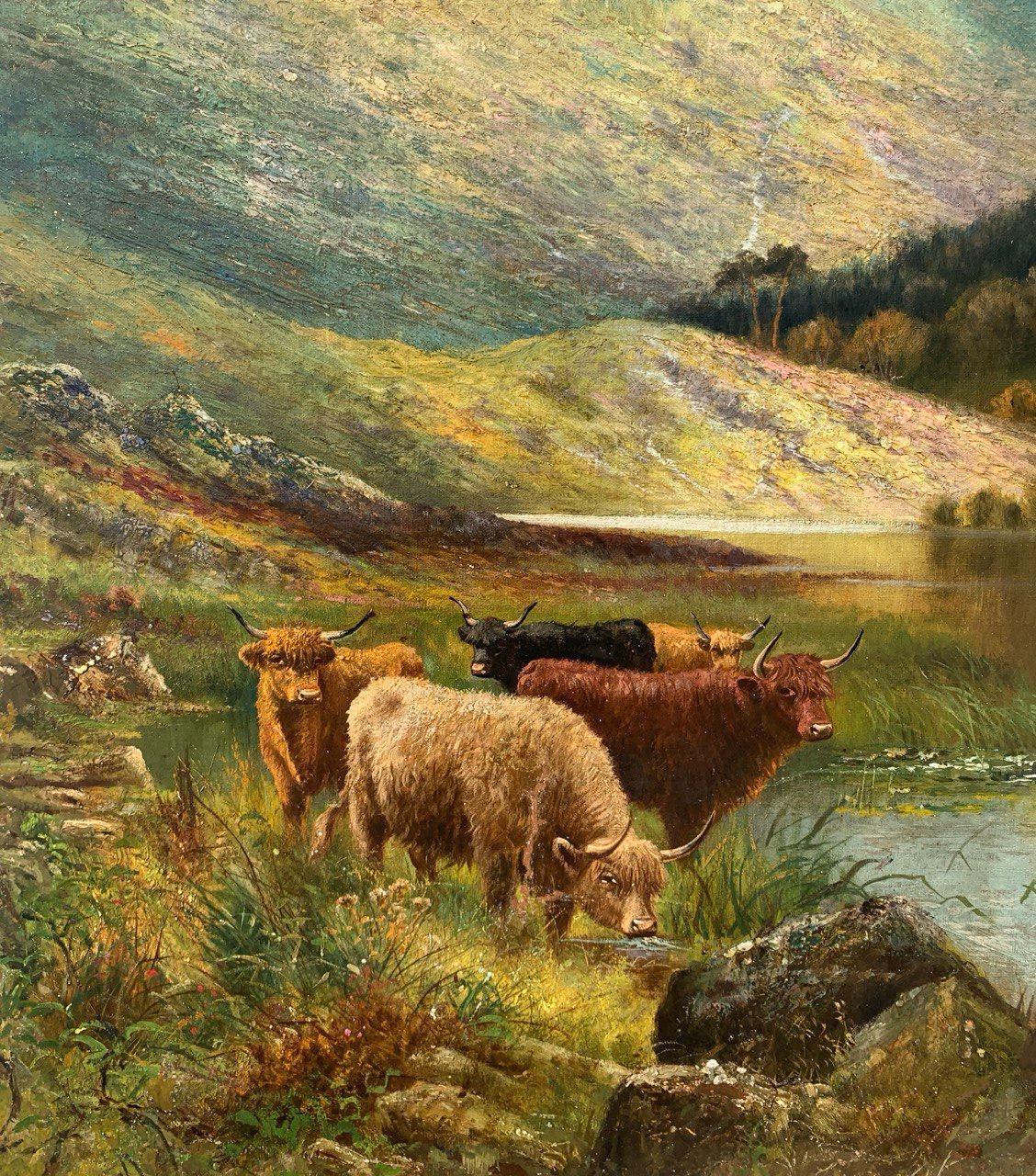 Naturalistic British painter - 19th century landscape painting - Highland cattle For Sale 5