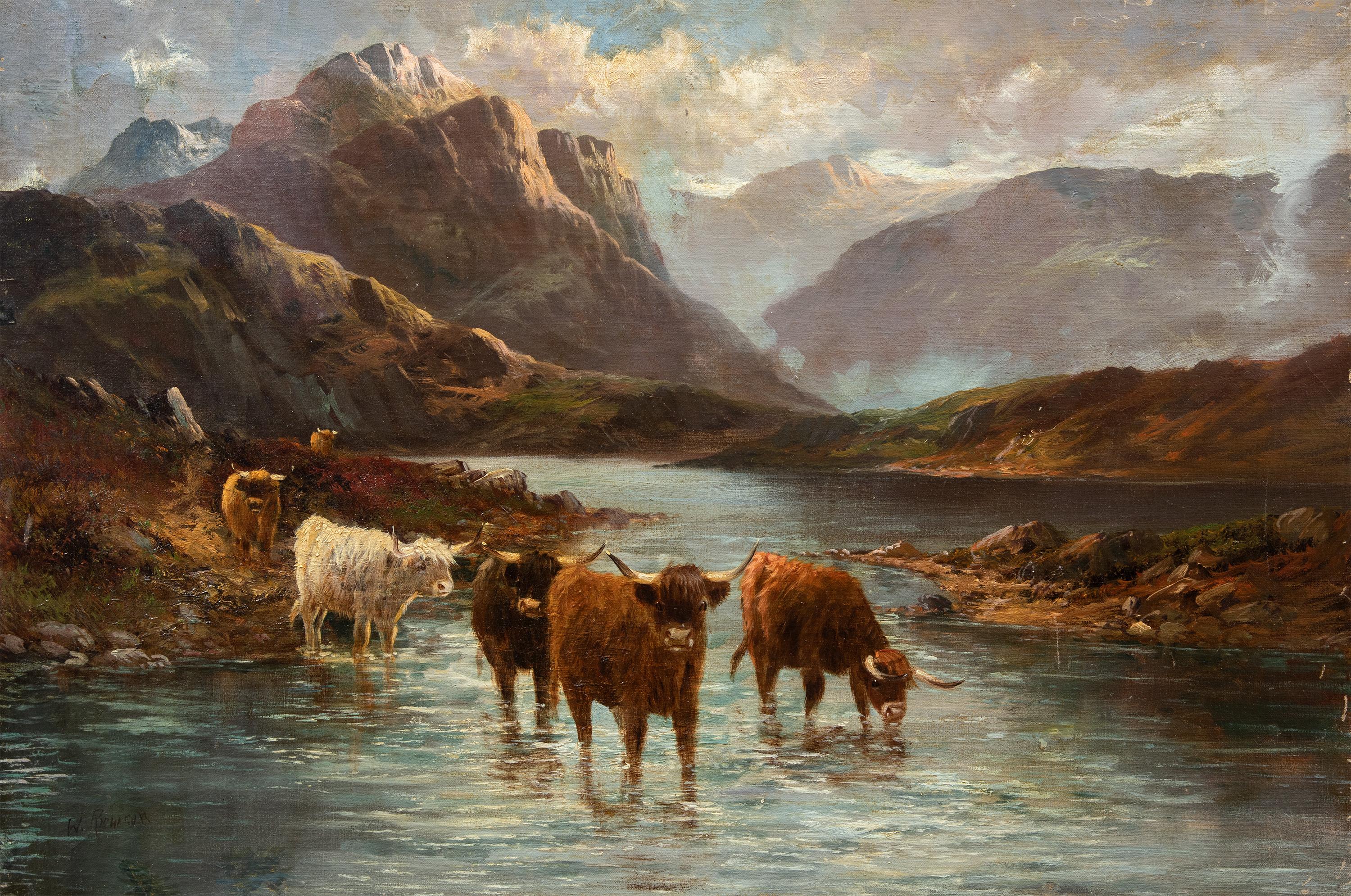 Unknown Landscape Painting – Naturalistischer britischer Maler - Landschaftsgemälde des 19. Jahrhunderts - Highland Cattle