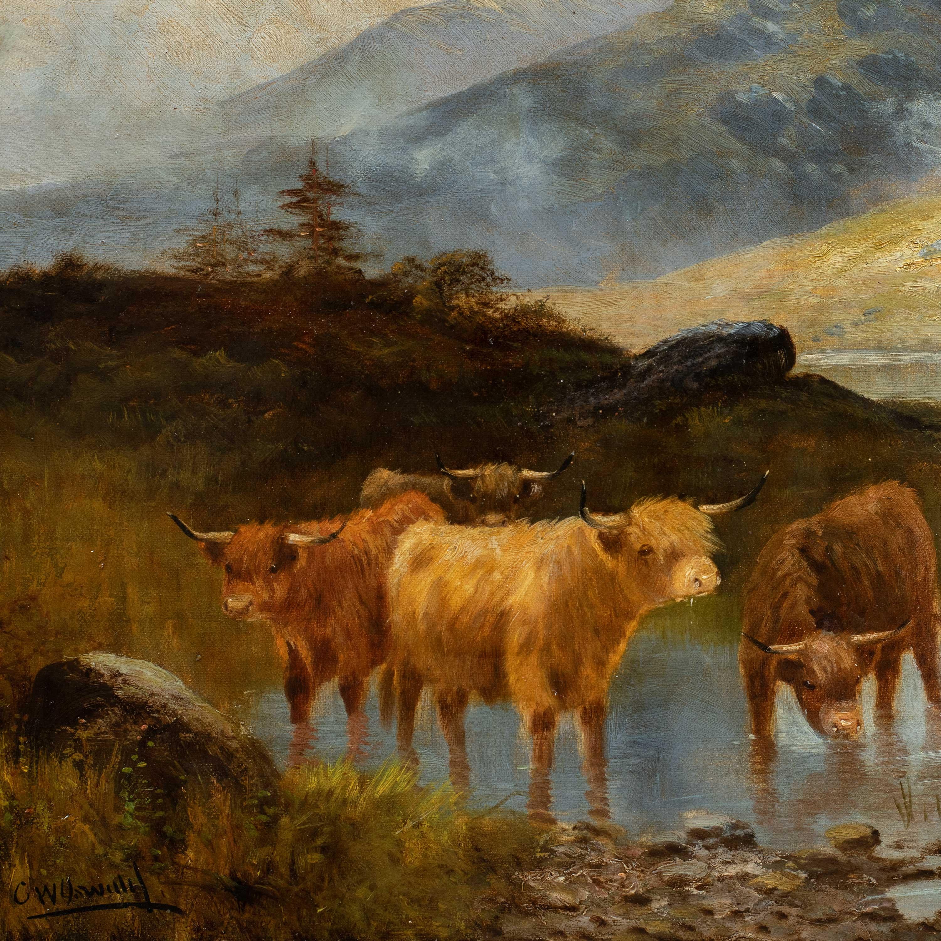 Peintre naturaliste britannique - peinture de paysage du 19e siècle - Highlanders - Painting de Unknown