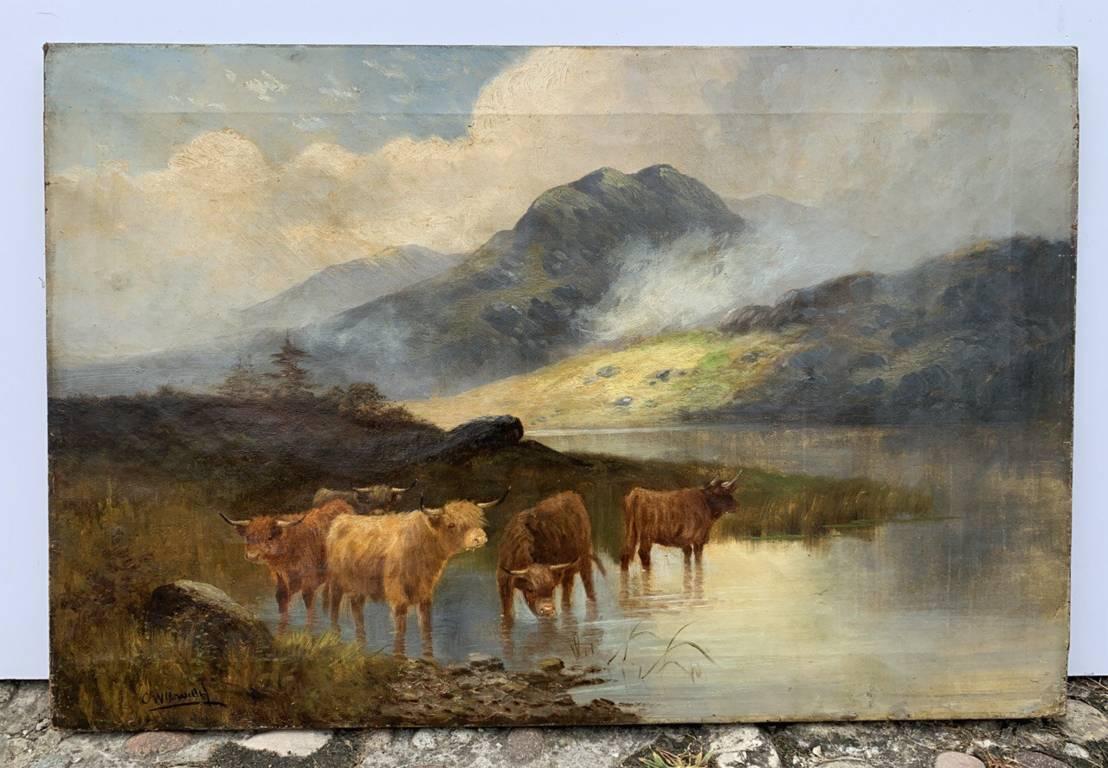 Peintre naturaliste britannique - peinture de paysage du 19e siècle - Highlanders - Naturalisme Painting par Unknown