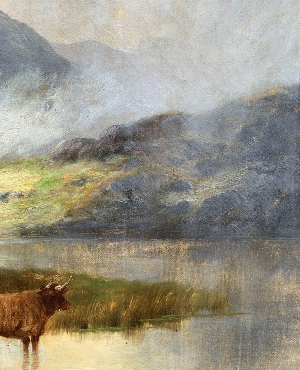 Peintre britannique (fin du XIXe siècle) - Paysage avec un troupeau de Highlanders au bord d'un lac.

51 x 76 cm.

Ancienne peinture à l'huile sur toile, non encadrée.

- Signé indistinctement en bas à gauche.

État des lieux : toile d'origine. La