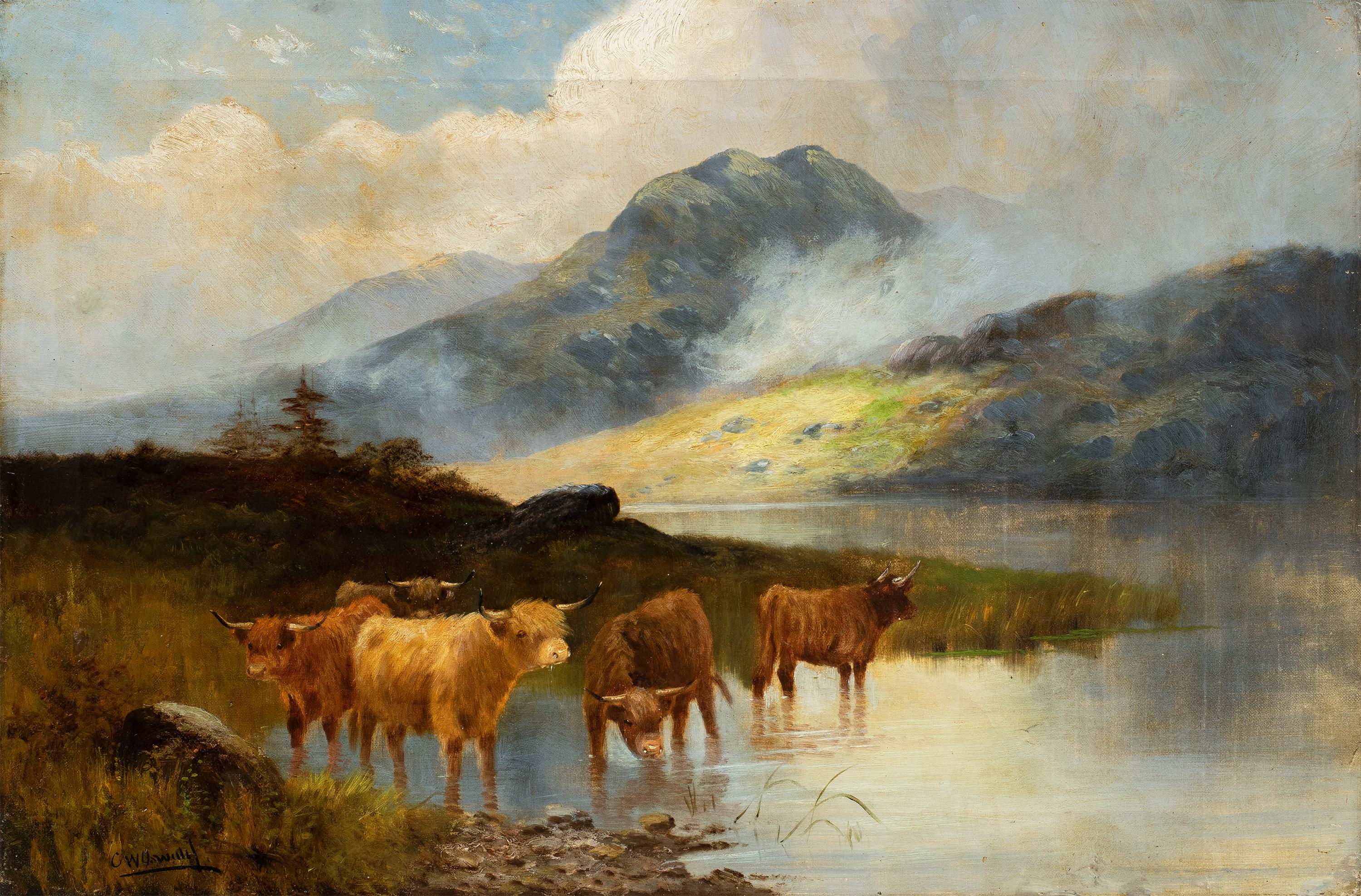 Landscape Painting Unknown - Peintre naturaliste britannique - peinture de paysage du 19e siècle - Highlanders