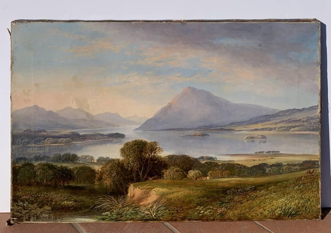 Pittore naturalista britannico - Paesaggio del XIX secolo - Vista sul lago - Landscape Painting Grigio di Unknown