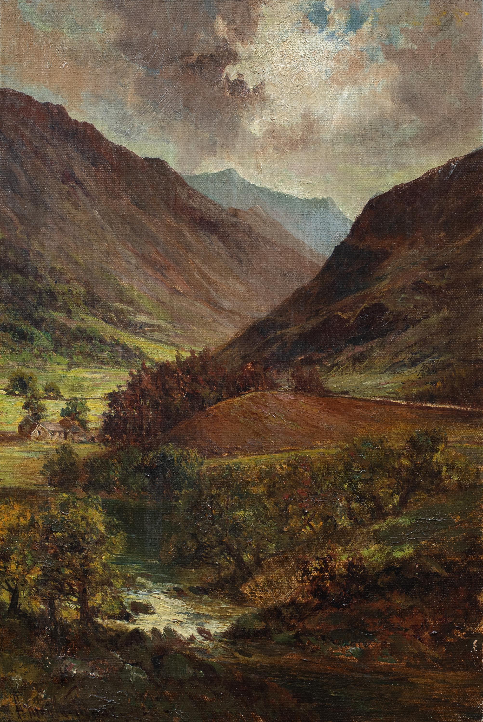 Figurative Painting de Unknown - Pintor naturalista británico - Pintura paisajista del siglo XIX - Vista de las montañas