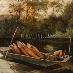 Pittore vittoriano inglese - Paesaggio fluviale del XIX secolo, barca da pesca
