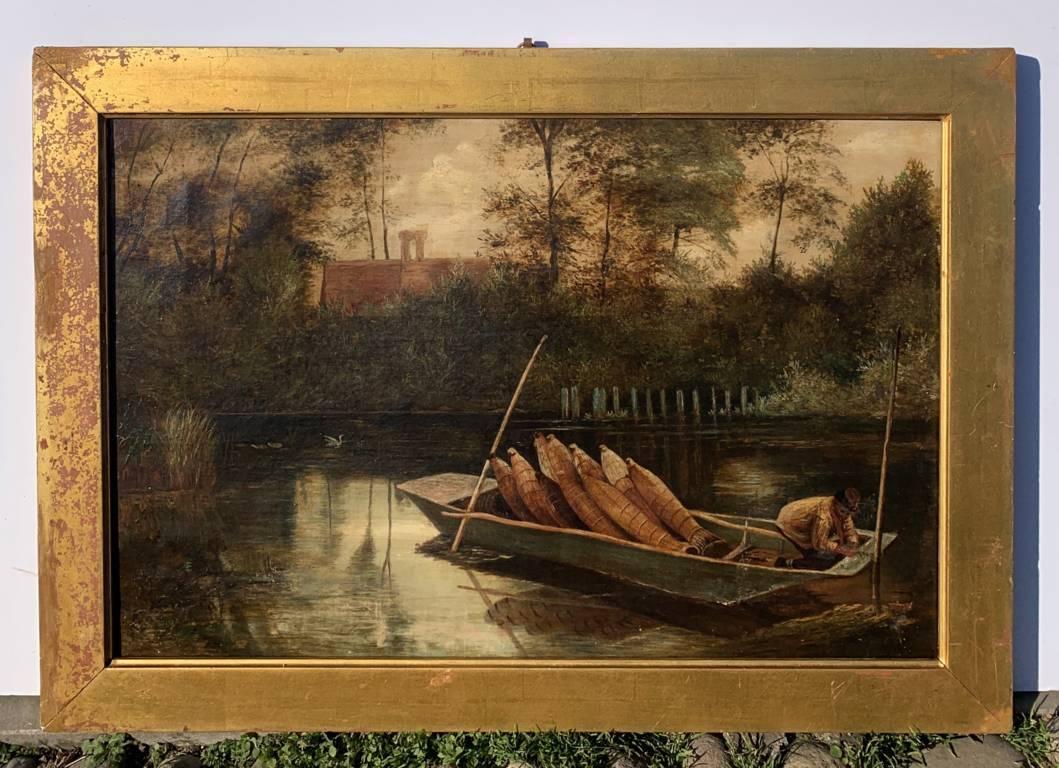 Pintor naturalista británico - Pintura paisajista del siglo XIX - Barco fluvial - Landscape Painting Marrón de Unknown