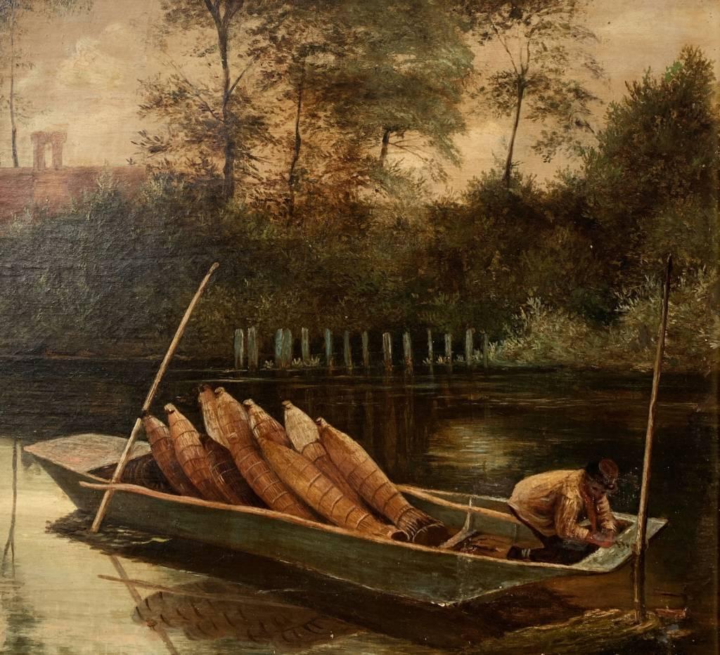Pintor inglés (finales del siglo XIX) - Paisaje fluvial con barca.

41 x 61 cm sin marco, 49 x 70 cm con marco.

Óleo antiguo sobre lienzo, en marco de madera dorada.

Informe de estado: Lienzo original. Buen estado de conservación de la superficie