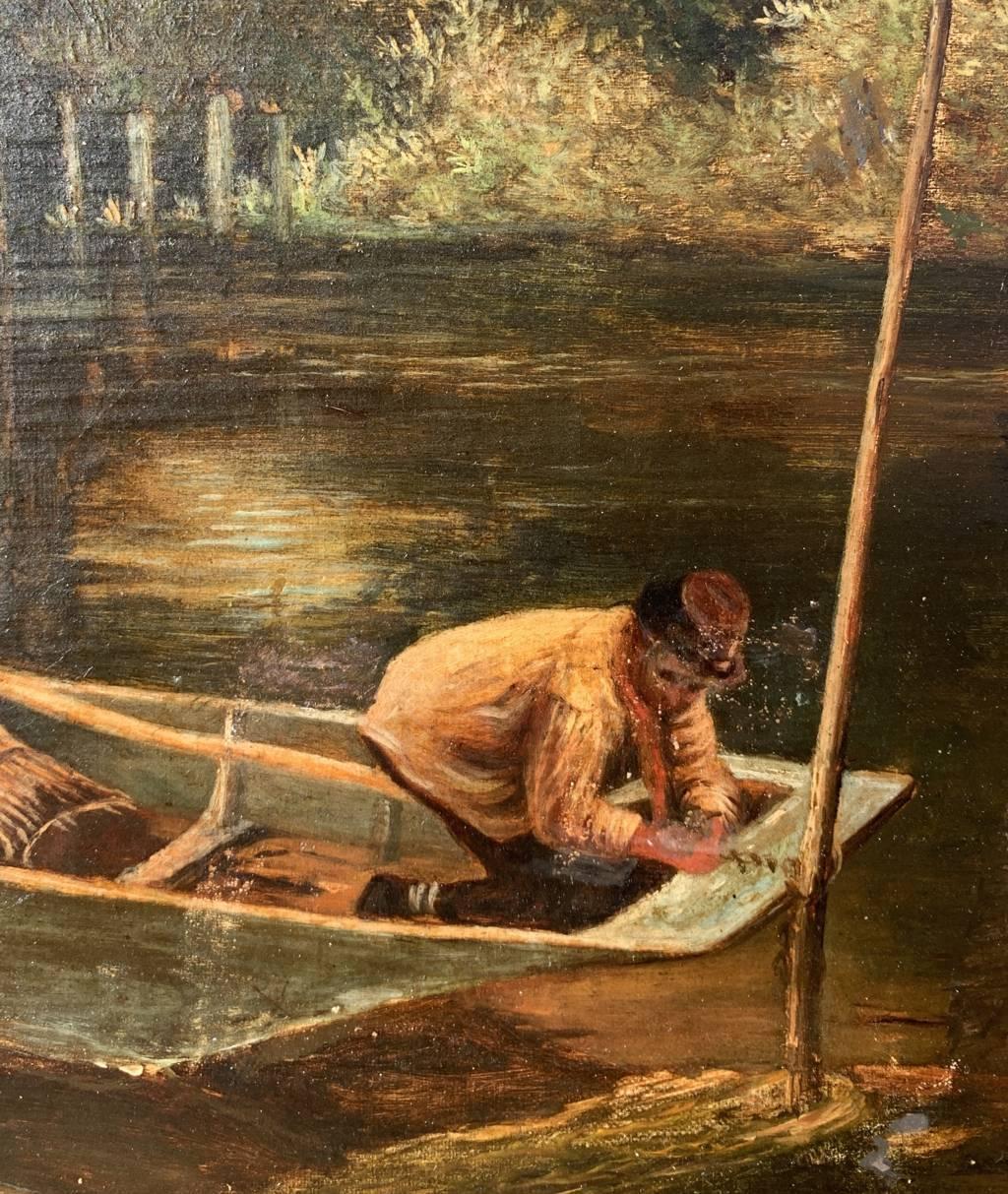 Pintor naturalista británico - Pintura paisajista del siglo XIX - Barco fluvial en venta 3