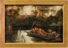Naturalistic British painter - 19th century landscape painting - River boat