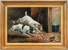 Naturalistic British painter - Late 19th century animalier painting - Dogs mouse