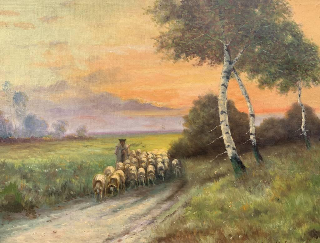 Pintor continental (siglo XIX) - Paisaje con bandada al atardecer.

61 x 81 cm sin marco, 78 x 97 cm con marco.

Óleo antiguo sobre lienzo, en marco de madera y escayola dorada.

- Obra firmada abajo a la derecha.

Informe de estado: Lienzo