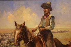 Naturalistic Cowboys Herding Cattle Western Painting Signed Voros