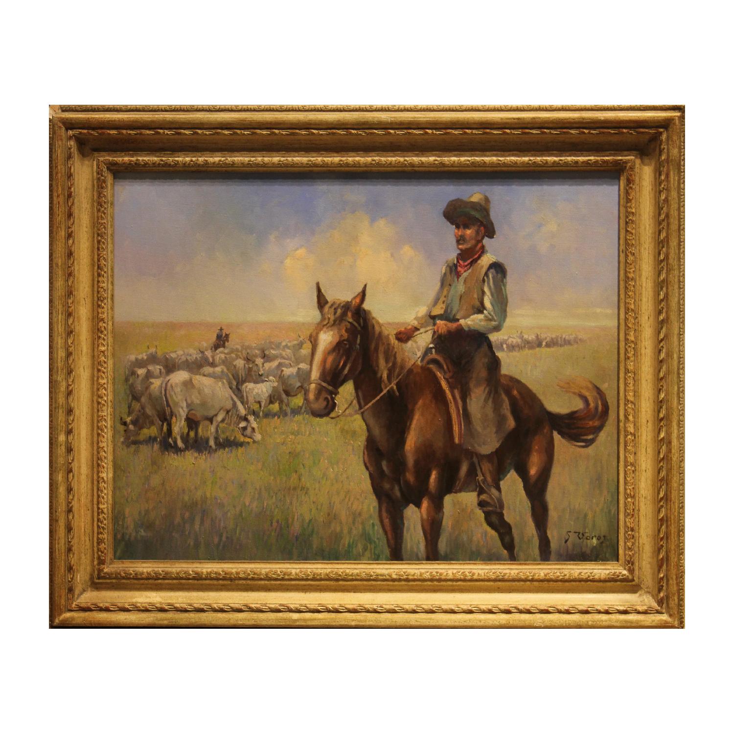Unknown Figurative Painting - Naturalistic Cowboys Herding Cattle Western Painting Signed Voros